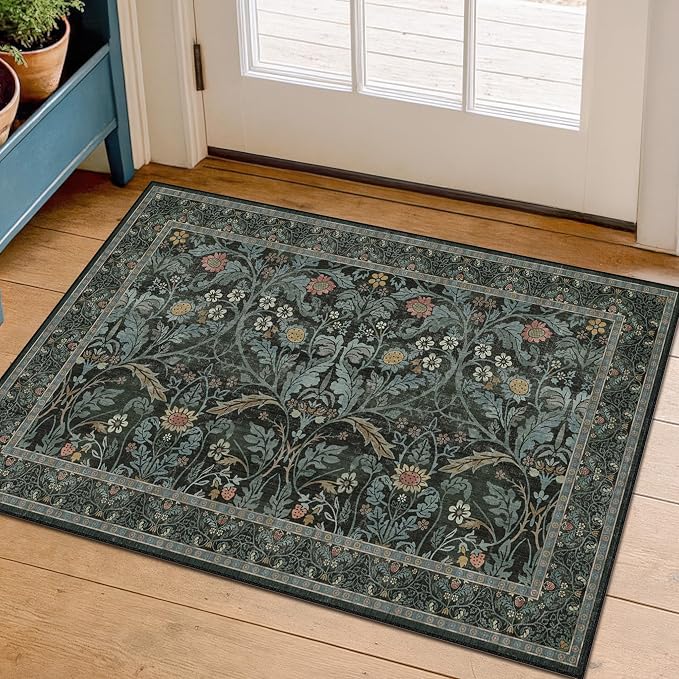 Washable Entry Rug 2x3 Non Slip, Vintage Small Throw Rugs for Bathroom, Entry Way, Kitchen, Dusty Teal Front Door Mat Indoor Entrance, Bedroom, Ultra Soft Low Pile Stain Resistant (Dark Green)