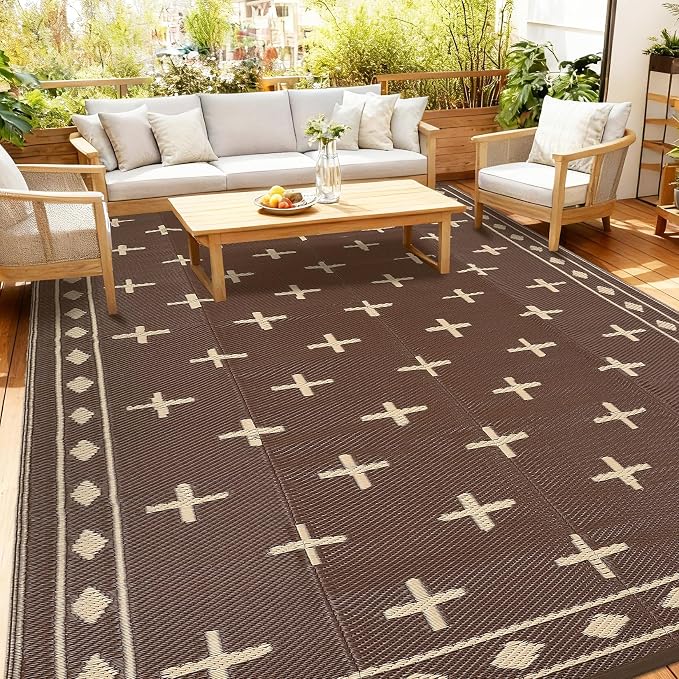 Waterproof Outdoor Rug 8x10, Modern Reversible Plastic Straw Patio Camping Rugs, Outdoor Indoor RV Mat Carpet for Patio, Outside Entry, Backyard, Deck, Bench, Picnic, Camper，Brown/Coffee