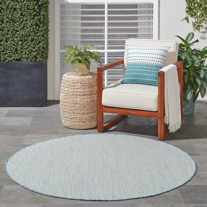 Nourison Home Courtyard Ivory Aqua 5' x Round Area Rug - Easy Clean, Non Shedding, Bed Room, Living Room, Dining Room, Kitchen (5' x Round)