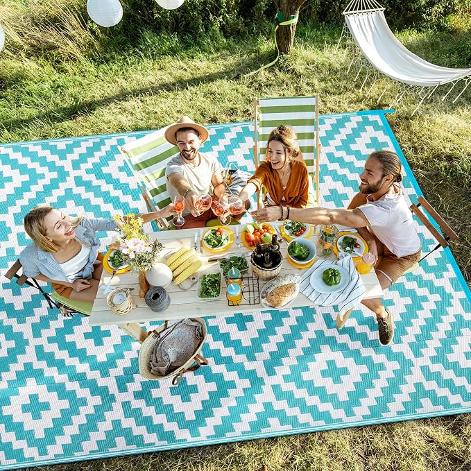 Outdoor Patio Plastic Straw Rug - 6x9 ft Outdoor Camping Rug Waterproof Reversible, Area Carpet Patios RV, Outside Porch Balcony Deck for Camper, Blue & White