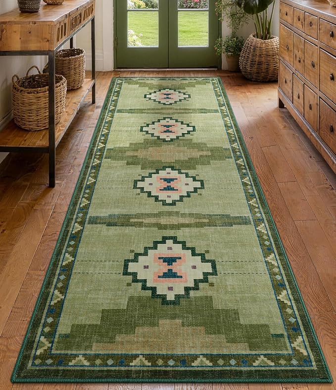 YIHOUSE 2‘x6' Non-Slip Green Mid Century Modern Runner Rug for Kitchen | Washable, Low Pile, Funky Retro Aztec Long Rug for Hallway Entryway Bedroom