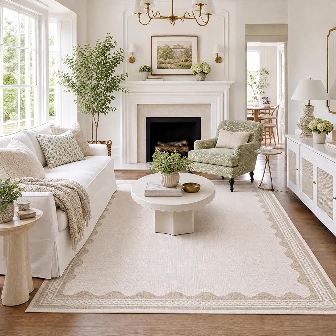 GarveeHome Scalloped Washable Rugs 5x7 Rug for Living Room, 5 x 7 Rug Solid Beige Modern Low-Pile Carpet for Bedroom Dining Nursery Non Slip Mat with Rubber Back