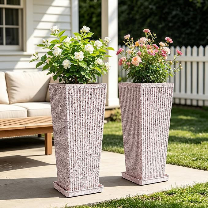 Square Tall Planters for Outdoor Plants Set of 2 - Faux Stone Fluted Large Outdoor Planters for Porch with Tray Saucers and Drainage Holes, Tall Indoor Flower Pots for Patio Garden, Red White
