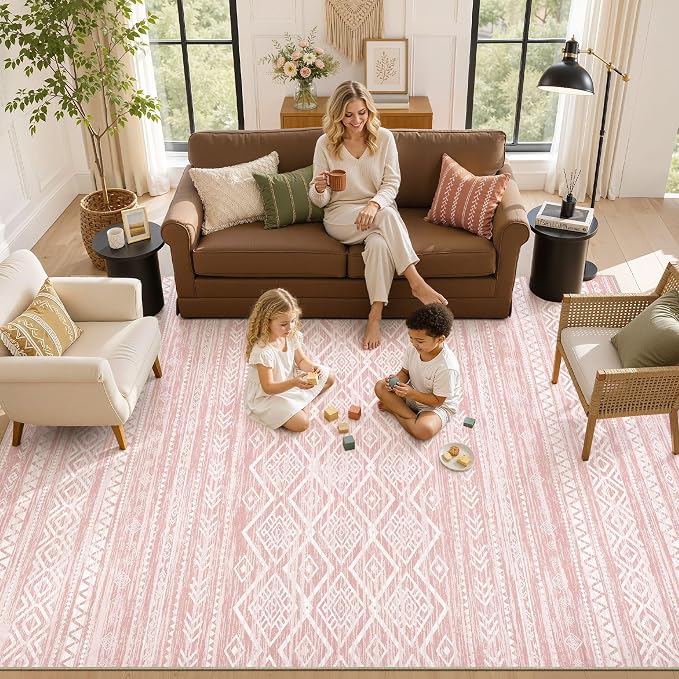 Nakagishi Area Rug Living Room Rugs: 10x14 Large Soft Machine Washable Boho Moroccan FarmNeutral Stain Resistant Indoor Floor Carpet for Bedroom Under Dining Table Home Office Decor-Pink