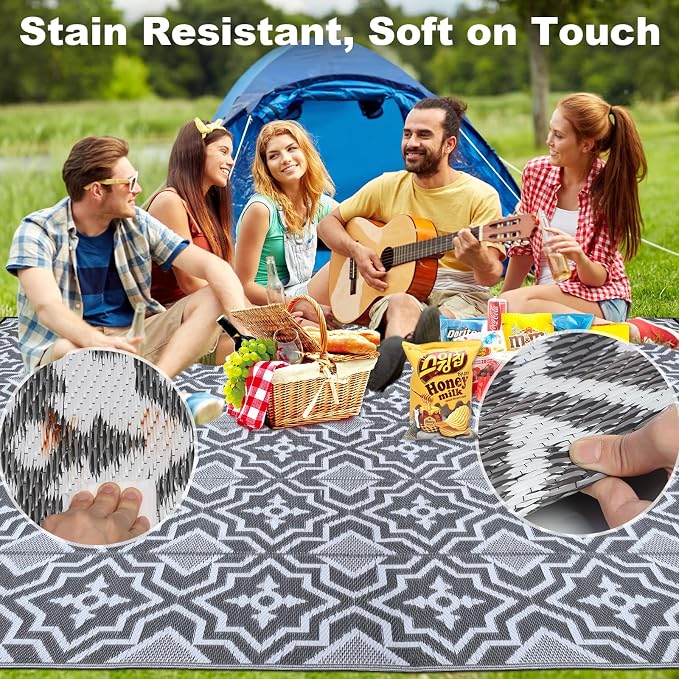 Alfolo Outdoor Rug for Deck 8x10 Waterproof,Outdoor Plastic Straw Camping Rug Reversible Mat for for Patio,Porch, Balcony Rv Camping Mat Outside Mat Indoor Outdoor Area Rug (Grey&White, 8'x10')