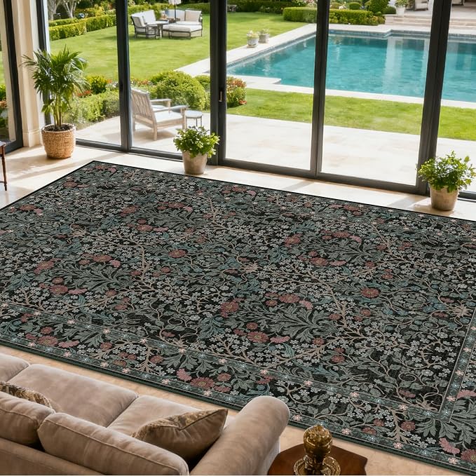 Extra Large 10x14 Area Rug for Living Room, Washable Rugs for Dining Room, Bedroom, Non Slip Stain Resistant Carpet, Low Pile Vintage Floral Rug (Dark Green)