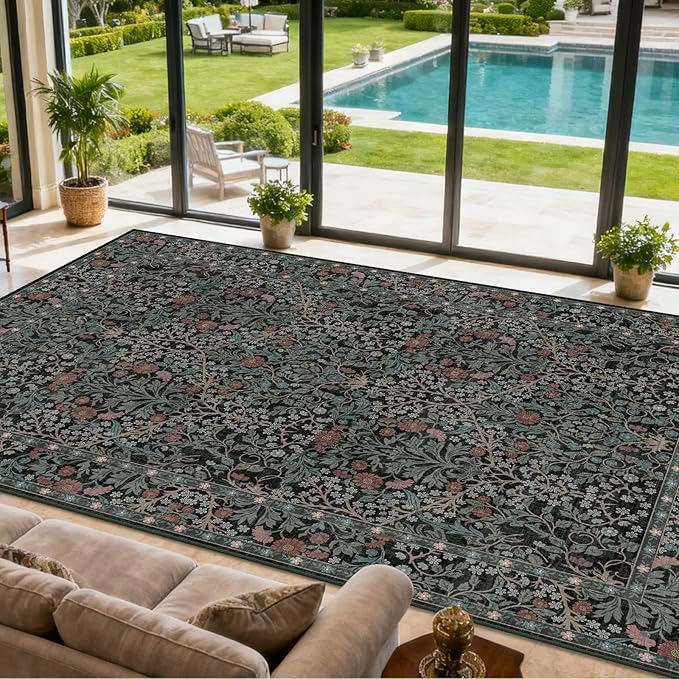 Area Rug for Living Room, 10x12 Large Washable Rugs for Dining Room, Bedroom, Non Slip Stain Resistant Carpet, Low Pile Vintage Floral Rug (Dark Green)