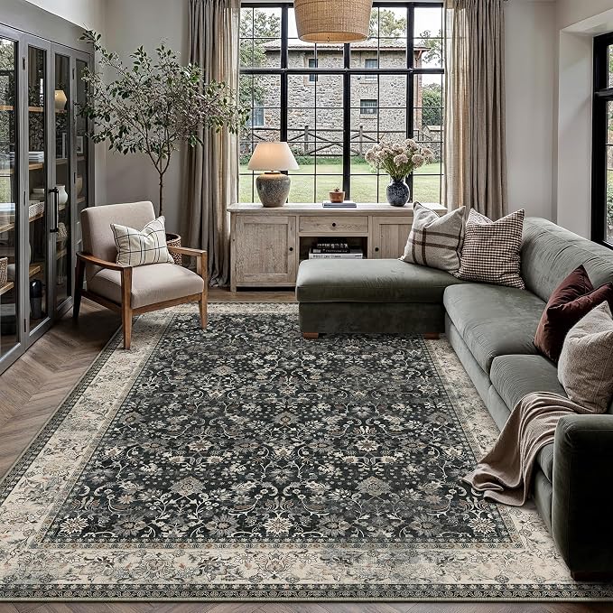 HUGEAR 9x12 Machine Washable Rugs Black Beige Hallway Large Area Rug Indoor Accent Rug Floral Low Pile Carpet Soft Throw Aesthetic Rug Bedroom Living Room Office Dining Room Kitchen Laundry Room