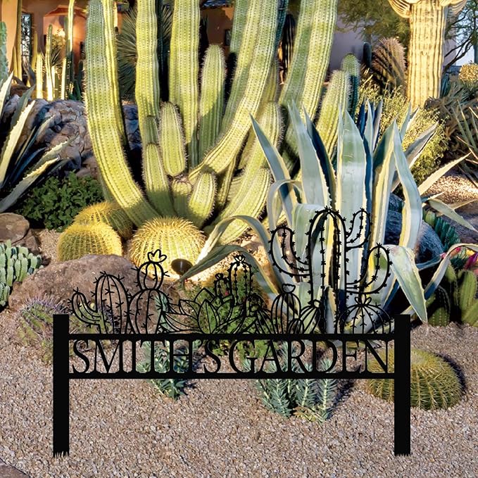 Customized Cactus Metal Garden Sign with Stakes, Garden Decoration Metal Sign, Personalized Gardener Family Name Sign, Cactus Yard Decor, Patio Decorative, Lawn Art, Farmhouse Garden, New Home Gift