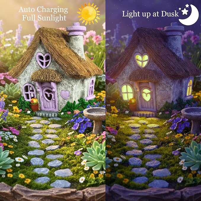 PRETMANNS Fairy House for Outside with Solar Powered LED Lights for Garden - Fairy Garden Houses for Outdoor - Miniature Accessories for Cottage Decor for Village - 7.56” High, Lavender