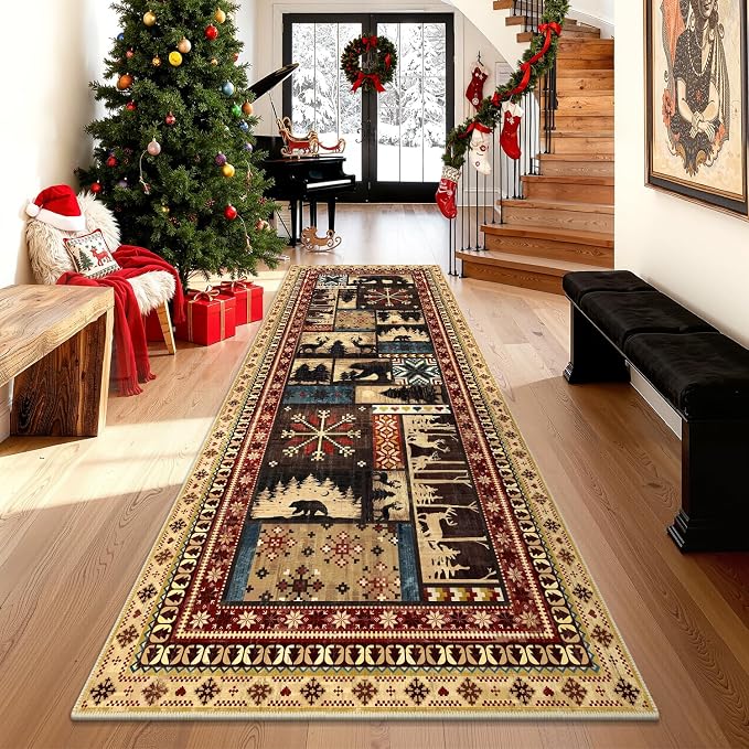 LOKHOM 3x8 Hallway Runner Rug, Non Slip Washable Western Cabin Bear Rugs | Bear Pattern, Low Pile Soft Kitchen Rug, Vintage Wildlife Accent Carpet Runner, For Laundry Bedroom Entryway Nursery