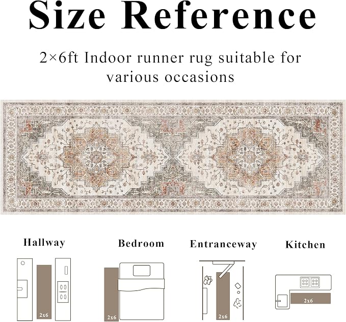 2x8 Vintage Runner Rug Low Pile Non-Slip Washable Kitchen Rug | Retro Distressed Print Rug Orange Gray Carpet Stain Resistant Non-Shedding Long Rug for Hallway Kitchen Bedroom Laundry Room