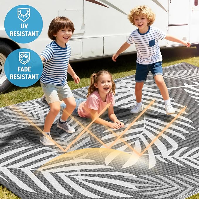 Kohree Outdoor Rug Waterproof 6x9, Reversible Outdoor Plastic Straw Rug with Leaf Pattern, Easy-Cleaning RV Mat Carpet for for Patio, Camping, Balcony, Deck, Backyard, Grey & White