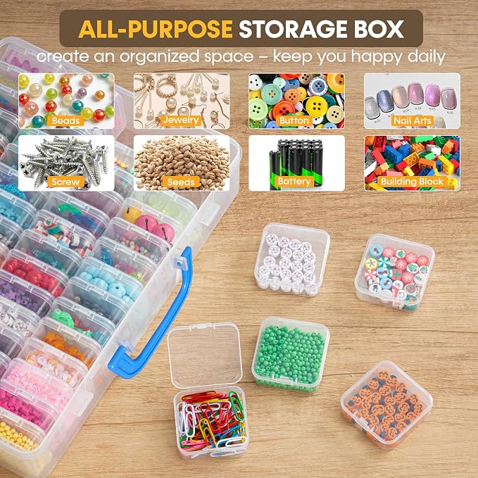 Bead Organizer with Handle, 120Pcs Small Clear Bead Storage Boxes with Labels, Large Craft Case and Mini Plastic Dispensing Containers for Jewelry Making Diamonds Arts Screws Seeds Small Parts