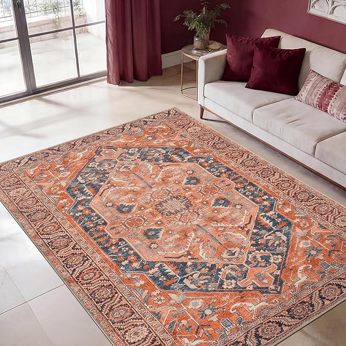 Keen Home Design Vintage Washable Area Rug, Non-Slip Low Pile, 4x6 | Machine Washable Cotton Chenille, 0.25In Low Pile, Rubber Non-Slip Back; Kitchen, Entryway, Bedroom, Dining Room