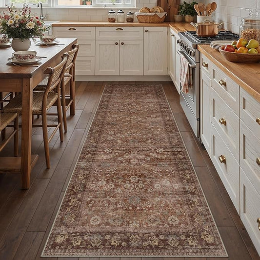 HUGEAR 2x10 Runner Rug Machine Washable Brick Red Hallway Area Rug Indoor Accent Rugs Floral Low Pile Carpet Soft Throw Rugs Bedroom Living Room Office Dining Kitchen Laundry Non Slip