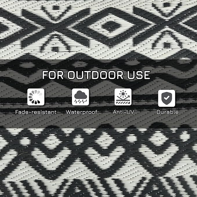 Outsunny Outdoor Rug for Patio, 8' x 10' Waterproof Large Mat, Reversible Plastic Straw Rug for Decor, Portable Outside RV Camping Area Carpet Mat for Backyard Porch Deck Picnic, Gray & Cream Boho