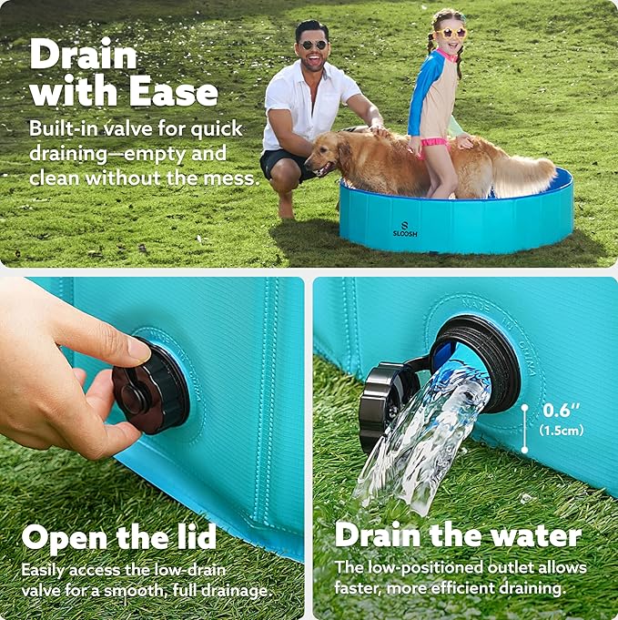 SLOOSH Foldable Dog Kiddie Pool - Portable Hard Plastic Doggie Swimming Pool, Anti-Slip Collapsible Pets Bath Tub Suitable for Kids Indoor Outdoor Backyard Use (Blue, 48" x 12")