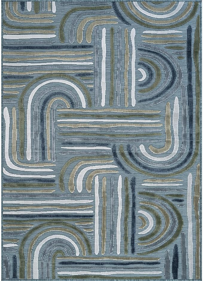 CAMILSON Indoor Outdoor Rug, Aqua 10x14 Geometric Arch Striped Large Area Rugs for Patio and Home Areas, Easy-Cleaning Non-Shedding Living Room, Garden and Deck Washable Outside Carpet (10 x 14)