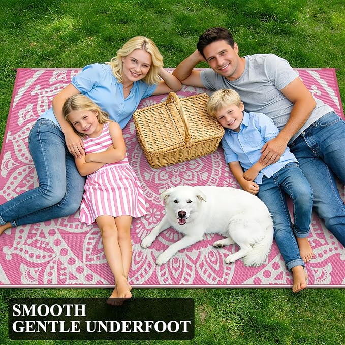 Bsmathom Waterproof Outdoor Rug 6'x9' Reversible Boho Plastic Straw Patio Deck Camping Rugs, Indoor Outdoor Portable RV Mat Clearance Carpet for Outside, Porch, Balcony, Backyard, Beach, Pool,Pink