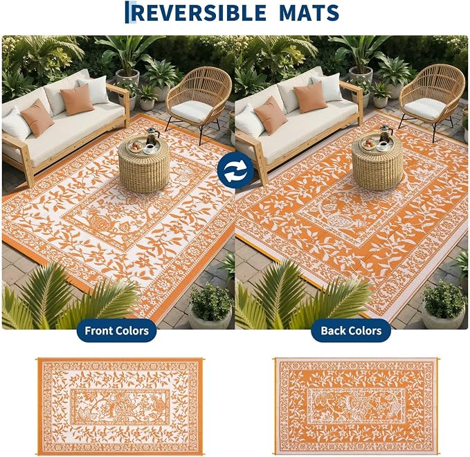 Garvee Outdoor Rug 9x12, Waterproof Reversible Foldable Plastic Straw Rug, Botanical cottagecore Outdoor Rugs Patio Camping RV Carpet for Deck Camper Porch Balcony Backyard Picnic Beach Orange