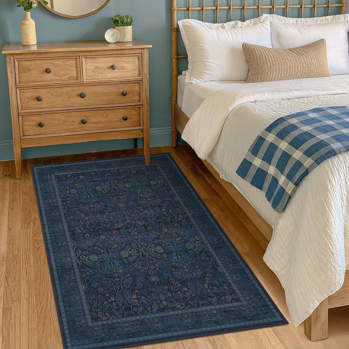 3x5 Large Entryway Rugs, Non Slip Washable Area Rug for Kitchen, Bedroom, Laundry, Navy Low Pile Stain Resistant Flower Victorian Indoor Carpet (Dark Blue)