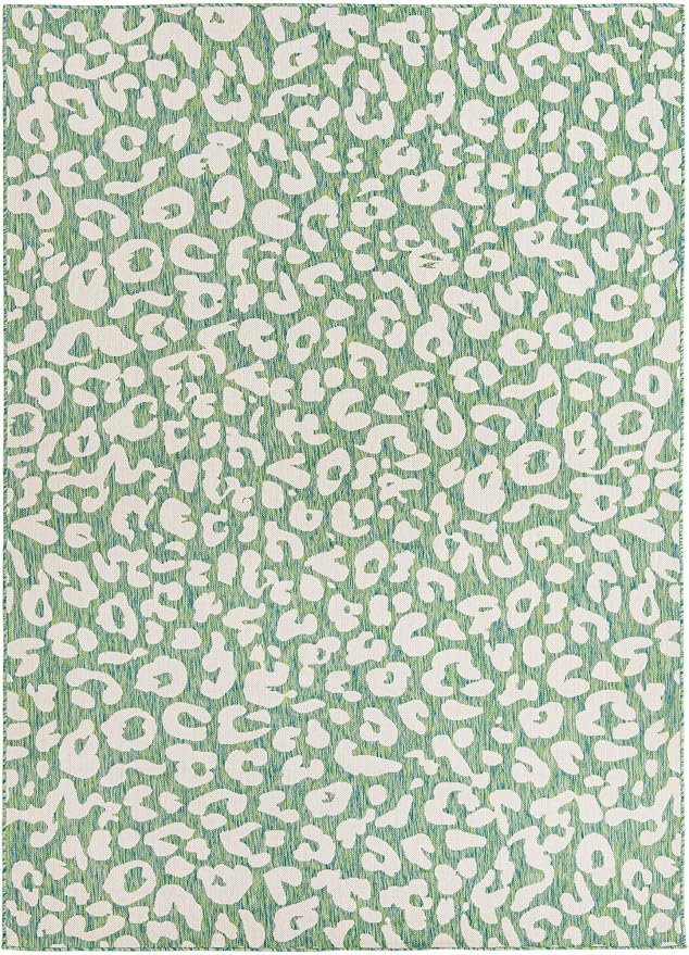 Unique Loom Outdoor Safari Collection Area Rug - Leopard (7' 10" x 11' Rectangle, Green Blue/ Ivory)