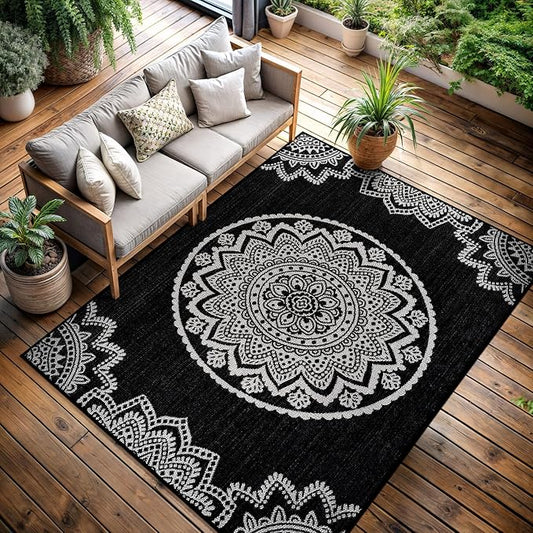 CAMILSON Outdoor Rug 9x12 Modern Large Area Rugs for Indoor and Outdoor Patios and Porches - Waterproof Washable Non-Shedding Easy-to-Clean Outside Carpet (9 x 12 Medallion - Black/White)