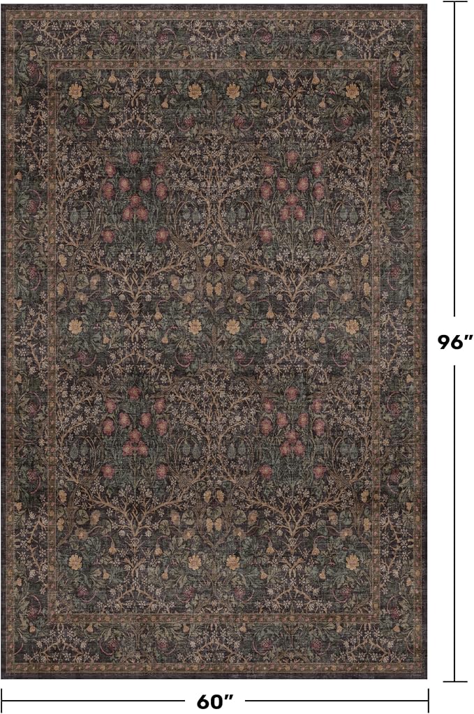 Taupe Brown 5x8 Rug for Living Room - Vintage Traditional Dark Neutral Floral, Washable Foldable Non-Slip Area Rugs for Dining Under Table, Home Office, Guest Room