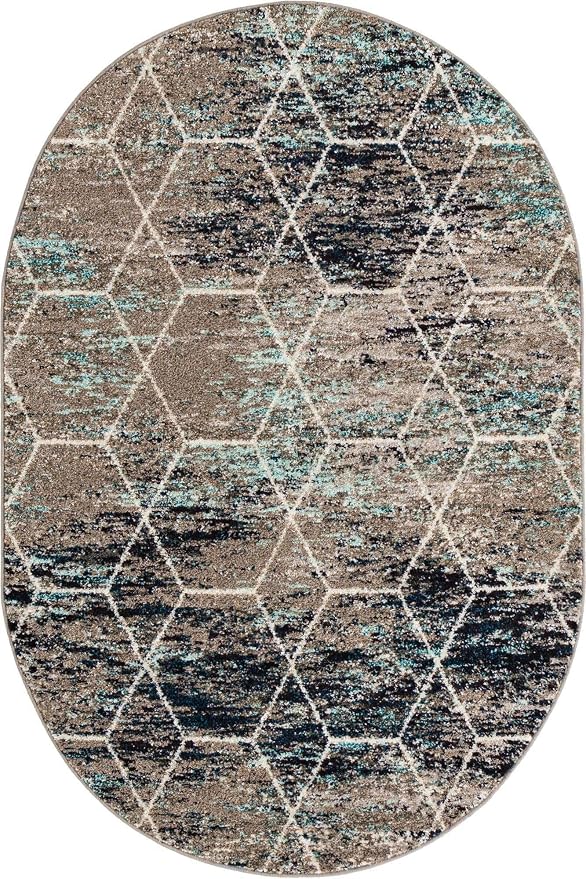 Unique Loom Trellis Frieze Collection Area Rug - Geometric (4' x 6' Oval, Blue Multi/ Ivory)