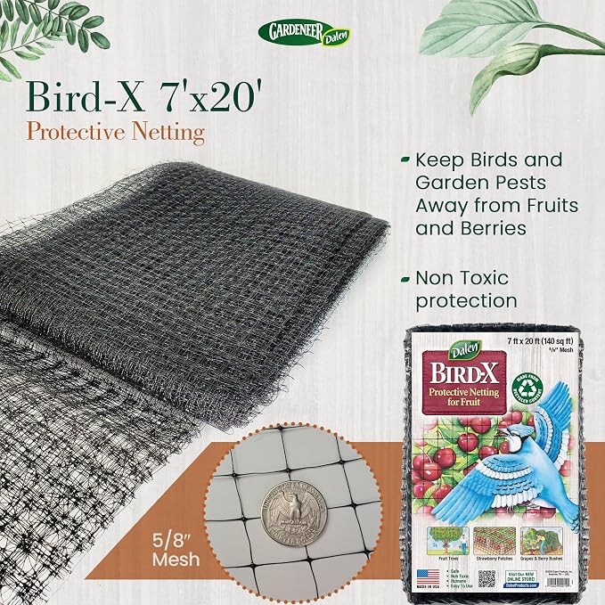 Dalen Bird-X Protective Mesh Netting for Fruit Trees, Berries, Vegetables - 7 ft x 20 ft, Black Garden Netting, 5/8-inch Mesh - Helps Deter Birds & Garden Pests, Made of Weather-Resistant Plastic