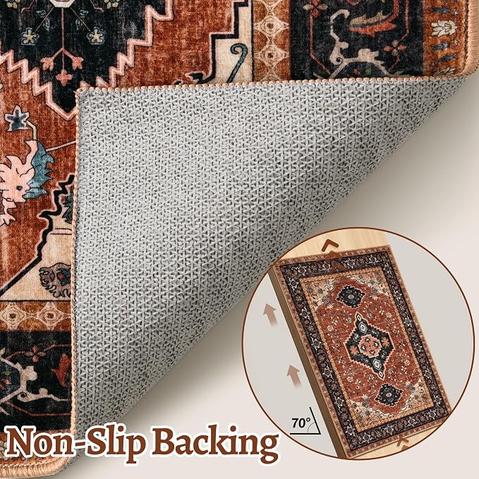 Tangsoo Orange 4x6 Washable Area Rug, Oriental Non Slip Indoor Accent Rugs | Vintage Rugs for Living Room, Boho Soft Low Pile Foldable Print Carpet for Bedroom Dining Room Office Orange Black Home Decor