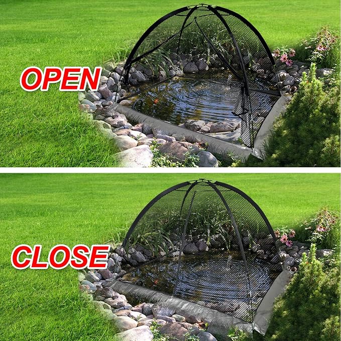 Pond Cover Dome Netting Tent 7x5 Ft - Reinforced 420D Sleeves Garden Fish Protector for Koi Blue Heron Defense Leaf Guard with 7.9mm Fiberglass Poles Zipper Stakes