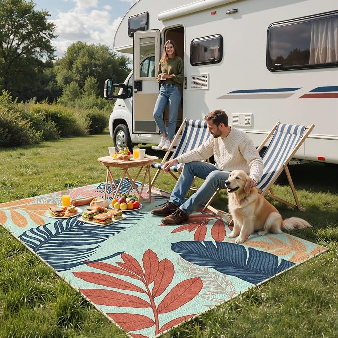 GENIMO Outdoor & Indoor Area Rug 8'x10', Waterproof, Non-Shedding, Easy Cleaning, Leaf Mat for Patio, Living Room, Balcony, Dining Room, RV, Deck, Bedroom, Camping, Outside Carpet, Blue Paint