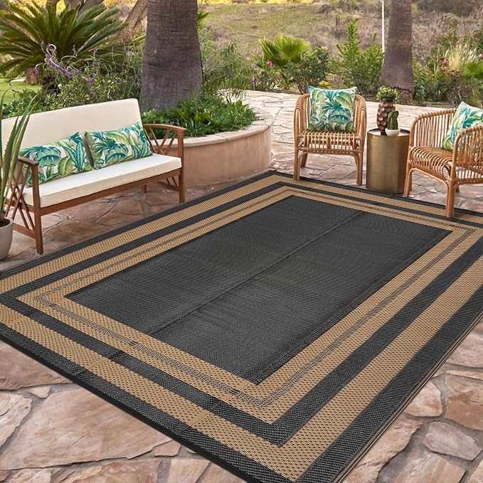 Garvee Outdoor Rug 9x18 Outdoor Patio Rug Reversible Plastic Straw Rugs Waterproof Foldable Mat Easy Clean Lightweight Carpet for Backyard Camping Porch RV Beach Balcony Deck Picnic Panel Brown