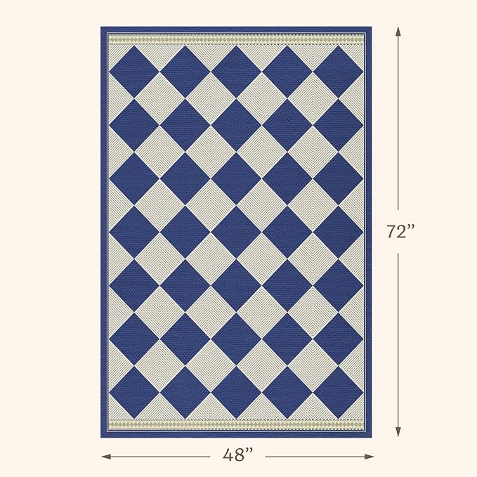 Boho Coastal Navy Blue 4x6 Indoor Outdoor Patio Porch Rug, Diamond Checkered Washable Non Slip Easy Jute Accent Rug, Modern Minimalist Entryway Floor Mat, Large Kitchen Balcony Rugs