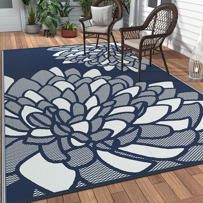 GENIMO Outdoor Rug 6' x 9' Waterproof for Patio Clearance, Reversible Plastic Straw Camping Mat, Lightweight Carpet for Rv, Camper, Deck, Porch, Picnic, Balcony, Beach,Mist Blue & White