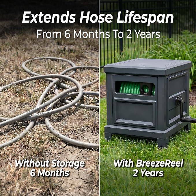 Garden Hose Reel Hideaway, Heavy Duty Metal Hose Reel Box Holds 125FT x 5/8" Hose, Steel Hose Storage Box with Manual Crank, Hose Guide and Leak-Proof Aluminum Connections, Stable 4-Leg Base