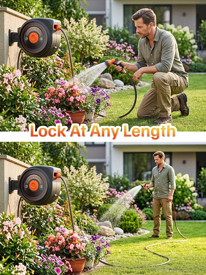 Mars Villa Retractable Garden Hose Reel 1/2 IN x 65 FT, Wall Mounted Heavy Duty Water Hose for Outside, Auto-Rewind & Any Length Lock, 180° Swivel Bracket, Slow Return, 10 Spray Patterns, UV-Resistant