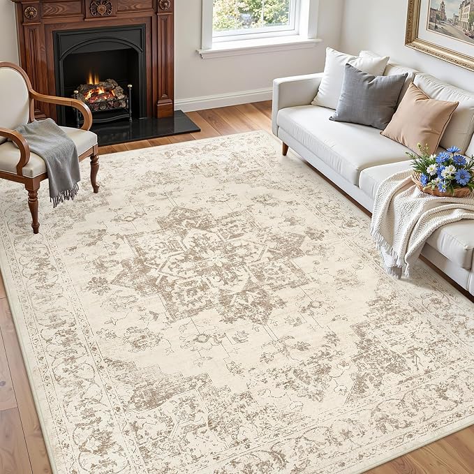 4x6 Area Rugs Living Room: Bedroom Washable Carpet Beige/Ivory | Vintage Boho Soft Small Indoor Decor Floor Non-Slip Low Pile Neutral Farmhouse Entryway Laundry Bathroom Bedroom Beside Rugs