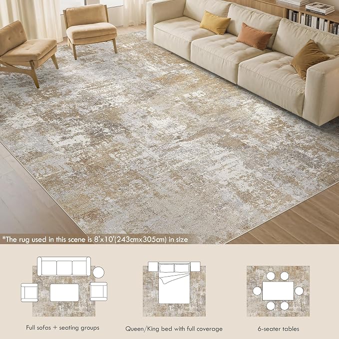 Tortania Washable 8x10 Area Rug for Living Room: Modern Abstract Neutral Large Soft Thin Rugs - Non Slip Indoor Carpet for Bedroom Dining Room Office Nursery Home Floor Decoration - Brown Grey