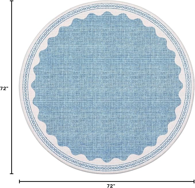 6ft Scalloped Round Rug Blue Washable Living Room Bedroom Area Rugs | Small Solid Rug for Bedroom Girls, Non Slip Scalloped Round Bath Mat, Soft Dorm Nursery Carpet for Bedside