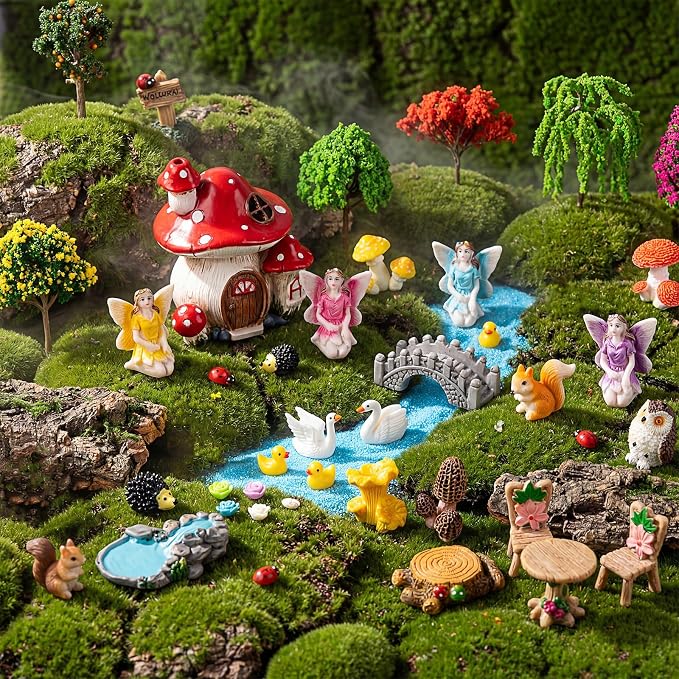 Poen 70 Pcs Fairy Garden Accessories Mini Garden Kit Miniature Fairy Figurines Landscape Decor with Mini Bridge Pond Mountain House Figurines Swan Ladybug Butterfly Figures Bulk for Dollhouse Craft
