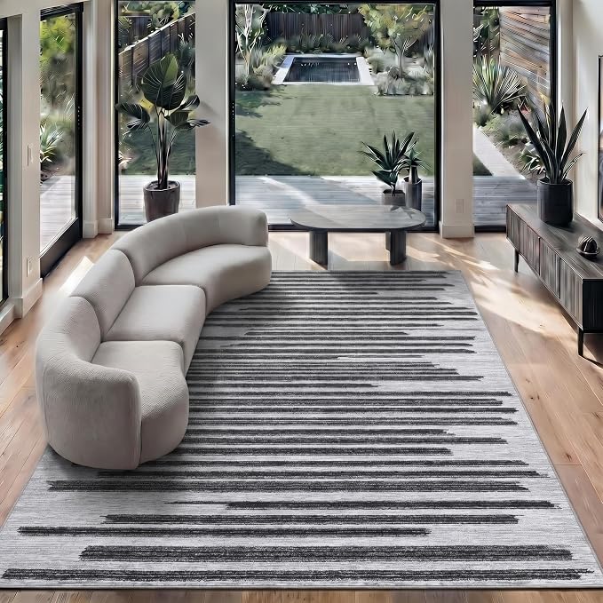 GarveeHome 8x10 Washable Living Room Rug Modern Striped Non Slip Carpet | Foldable Low Pile Area Rug for Home Office Bedroom Dining Room Geometric Stain Resistant Rugs, Black Grey