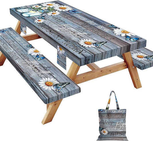 Picnic Table Cover with Bench Covers Elastic,Fitted Table Cloths for Rectangle Tables 6 Foot Washable,Waterproof Tablecloth for Outdoor Camping Essentials Accessories(6 Foot,Vintage Daisy