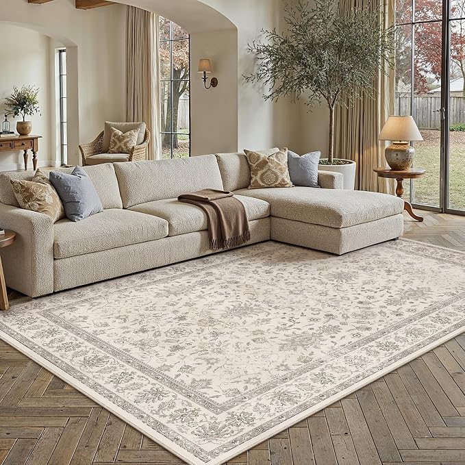 Beige 5x7 Washable Area Rug Neutral Vintage Floral Carpet | Soft Low Pile, Non Slip, Stain Resistant, Retro Accent Decor for Living Room, Bedroom, Dining Room, Kids Room, Office