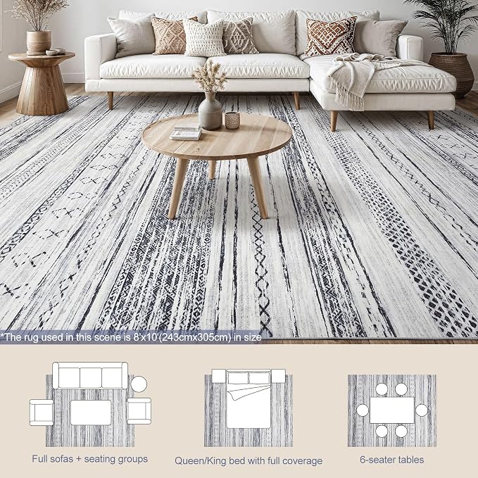 Tortania Area Rug Living Room Rugs - 8x10 Washable Large Soft Neutral Boho Moroccan Bohemian Farmhouse Rug Indoor Floor Carpet for Bedroom Under Dining Table Home Office Decor - Grey