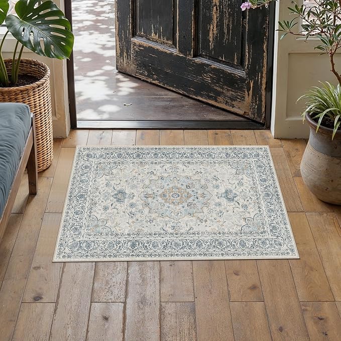 2x3 Washable Area Rug Navy Blue Non Slip Vintage Carpet | Low Pile, Stain Resistant, Living Room, Kitchen, Bedroom, Entryway, Nursery, Laundry Room, Hallway, Soft, Thin, Lightweight