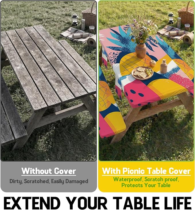 Picnic Table Cover with Bench Covers Waterproof Fitted Table Cloth Tablecover Camper Camp Camping Essentials Outdoor Beach Summer River Water Motorhome Trailer Road Trip Tent Rv Car Travel Activities