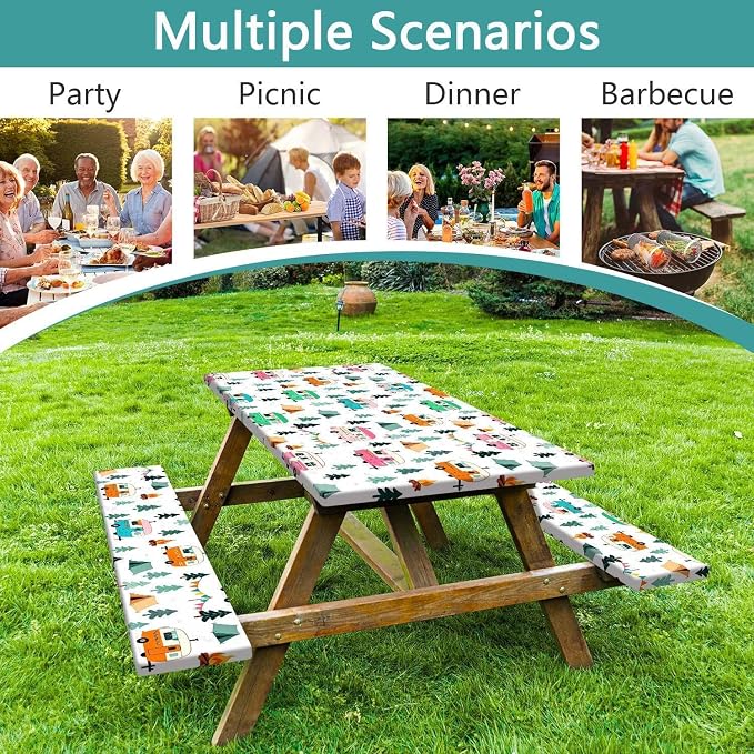 Camping Picnic Table Cover with Bench Covers Elastic Edges, Waterproof Windproof Outdoor RV Tablecloths with Drawstring Bag, Rectangle Tables and Seats Cover 30X72 inch